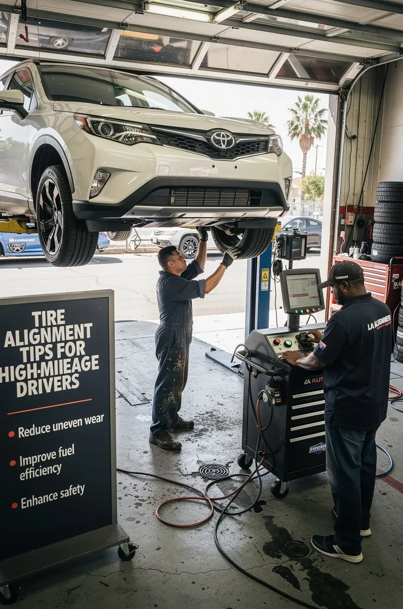 Car lifted on a hydraulic lift with mechanic checking undercarriage and tire condition
